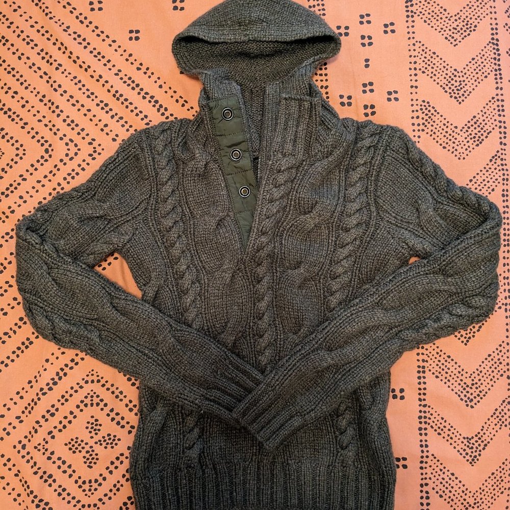 RLX Ralph Lauren Cableknit Green Cashmere Sweater with Detachable Hood Size S